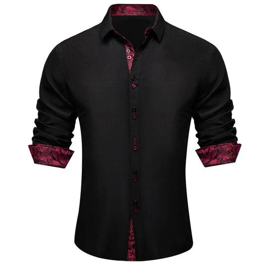 Black Solid Red Paisley Splicing Silk Dress Shirt shirt S   - Sophisticated Gentlemen