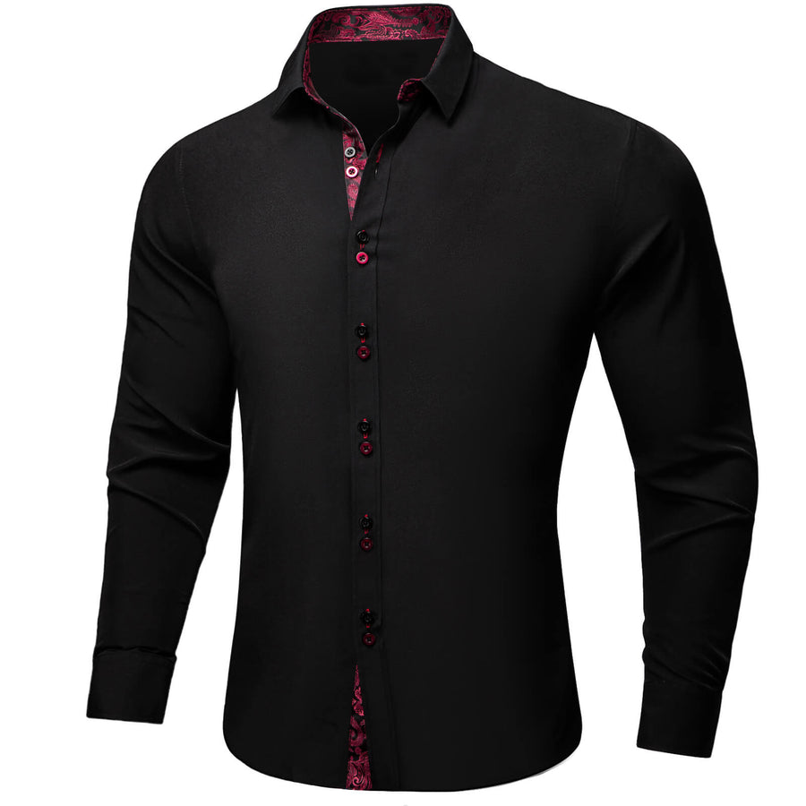 Black Solid Red Paisley Splicing Silk Dress Shirt shirt    - Sophisticated Gentlemen
