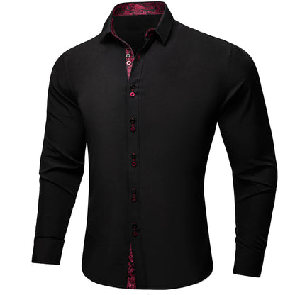 Black Solid Red Paisley Splicing Silk Dress Shirt shirt    - Sophisticated Gentlemen