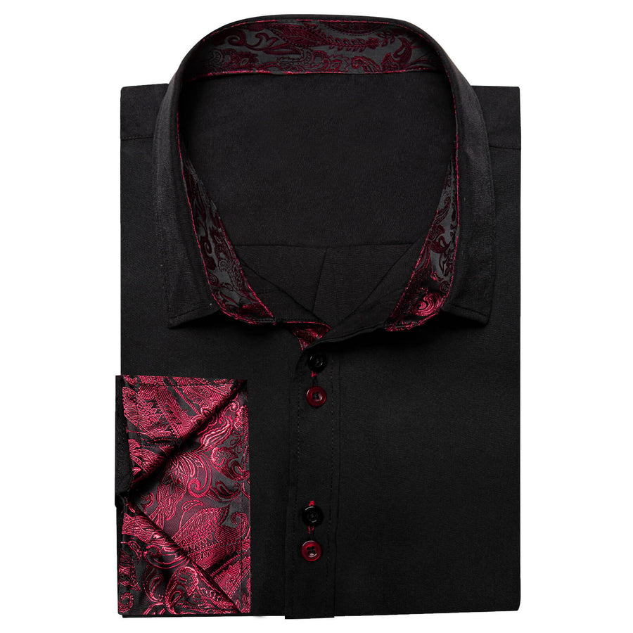 Black Solid Red Paisley Splicing Silk Dress Shirt shirt    - Sophisticated Gentlemen