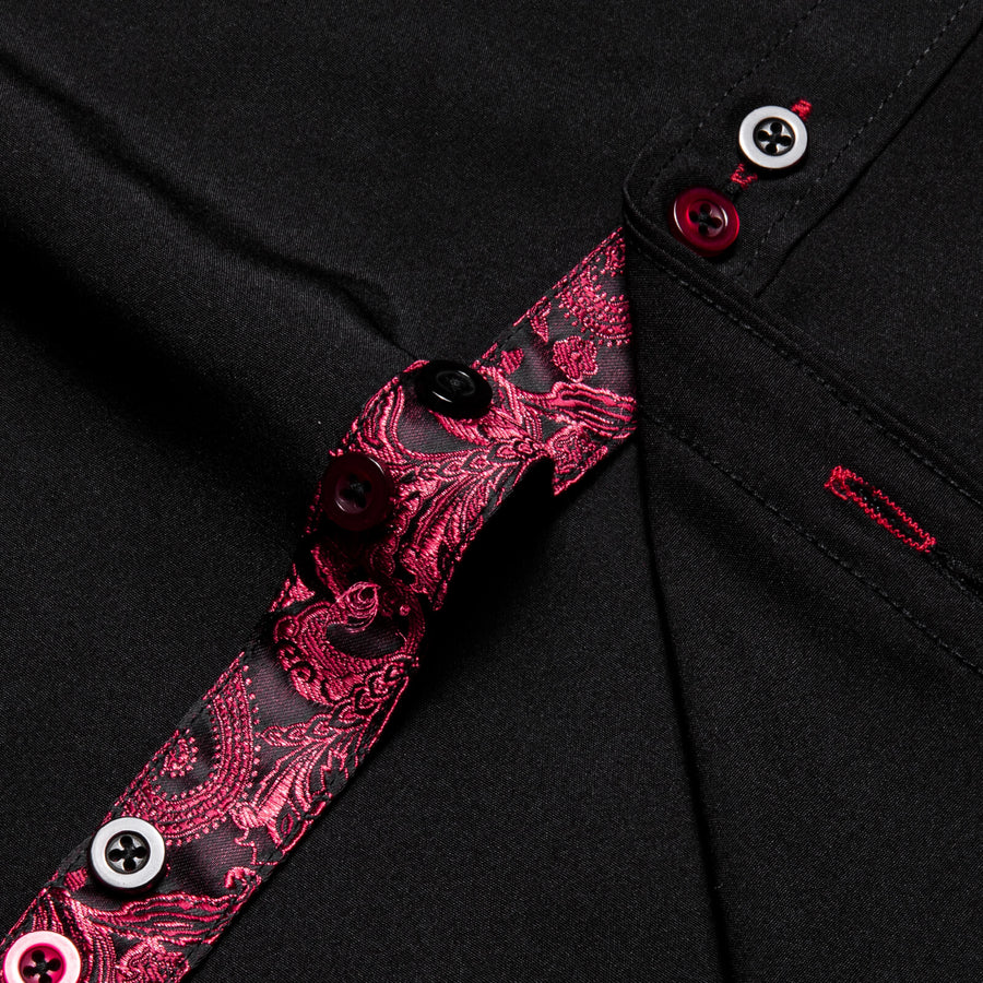 Black Solid Red Paisley Splicing Silk Dress Shirt shirt    - Sophisticated Gentlemen