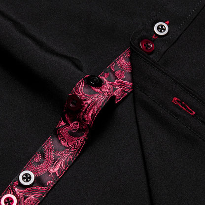 Black Solid Red Paisley Splicing Silk Dress Shirt shirt    - Sophisticated Gentlemen