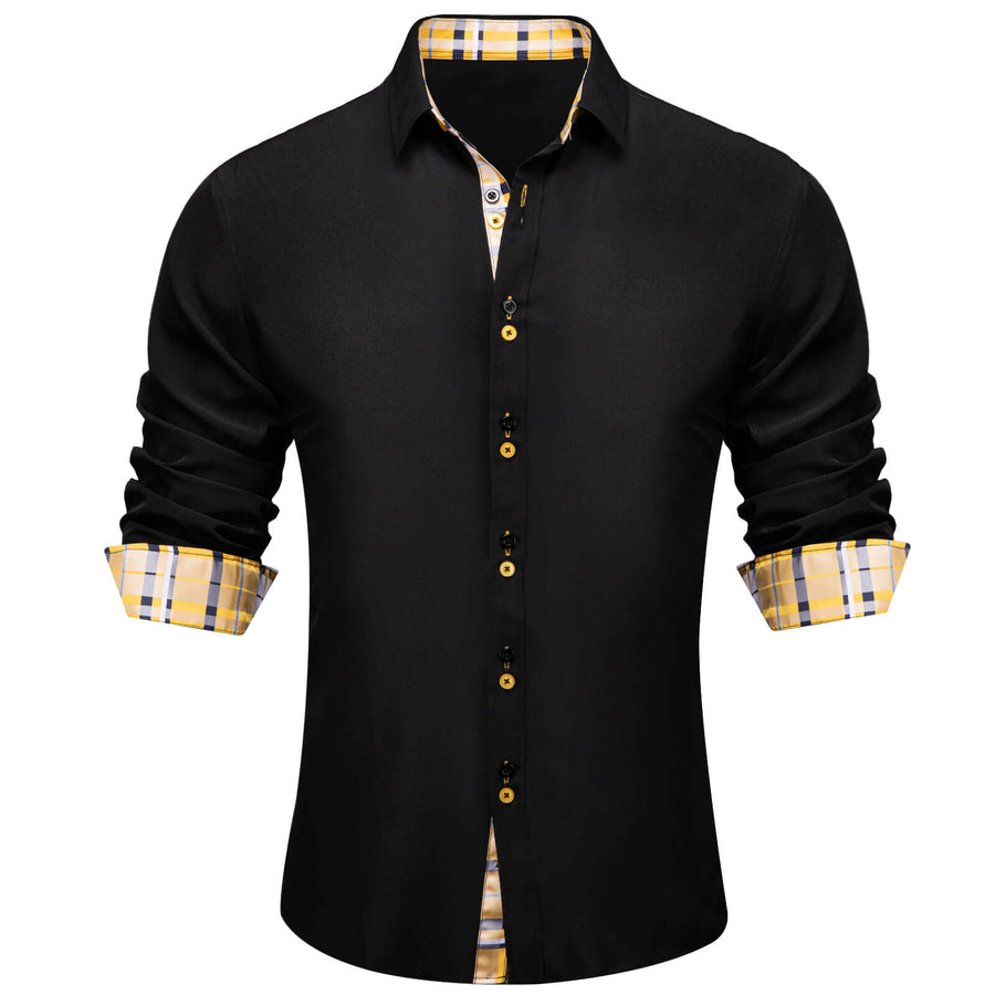 Black Solid Yellow Plaid Splicing Silk Dress Shirt shirt S   - Sophisticated Gentlemen