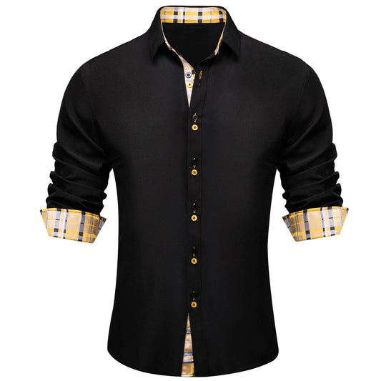 Black Solid Yellow Plaid Splicing Silk Dress Shirt shirt S   - Sophisticated Gentlemen