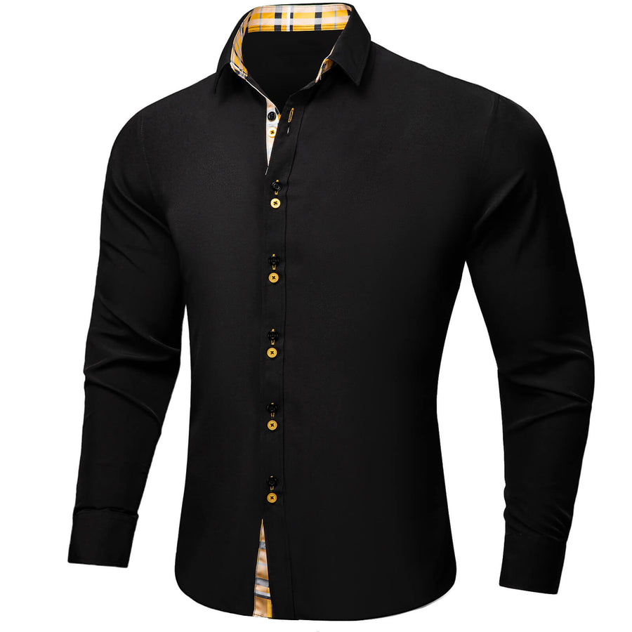 Black Solid Yellow Plaid Splicing Silk Dress Shirt shirt    - Sophisticated Gentlemen
