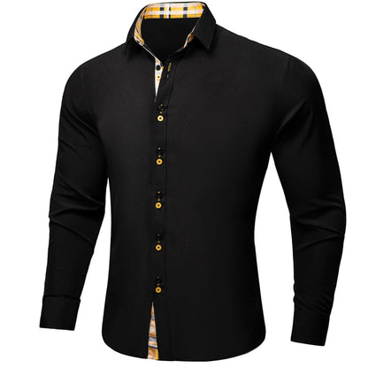 Black Solid Yellow Plaid Splicing Silk Dress Shirt shirt    - Sophisticated Gentlemen