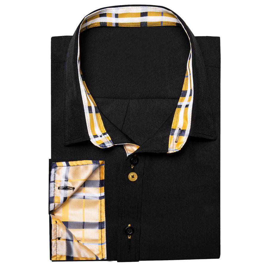 Black Solid Yellow Plaid Splicing Silk Dress Shirt shirt    - Sophisticated Gentlemen