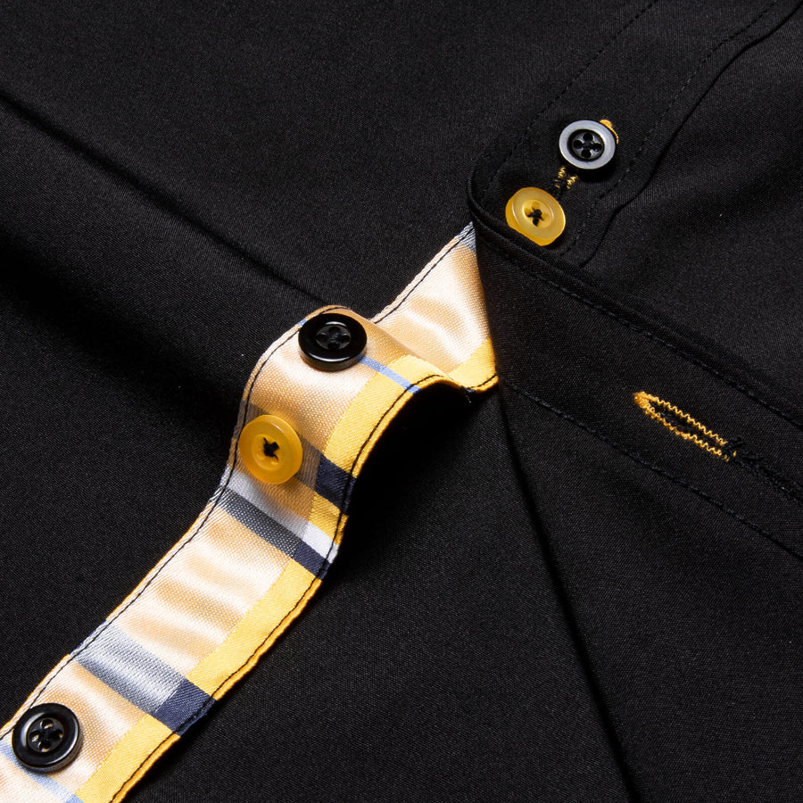 Black Solid Yellow Plaid Splicing Silk Dress Shirt shirt    - Sophisticated Gentlemen