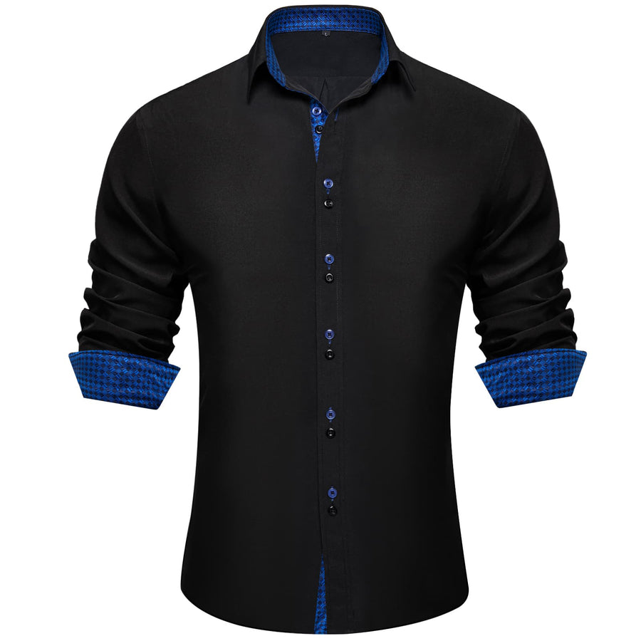 Black Blue Solid Plaid Splicing Silk Dress Shirt shirt S   - Sophisticated Gentlemen