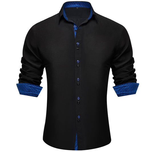 Black Blue Solid Plaid Splicing Silk Dress Shirt shirt S   - Sophisticated Gentlemen
