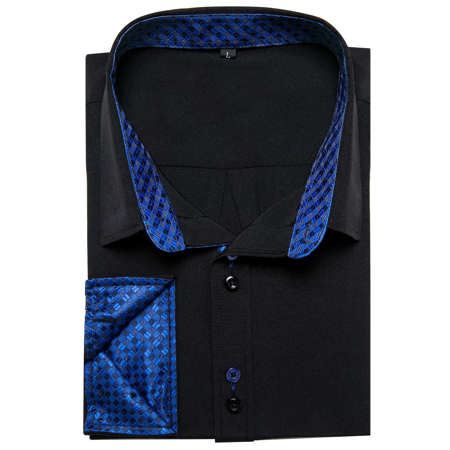 Black Blue Solid Plaid Splicing Silk Dress Shirt shirt    - Sophisticated Gentlemen