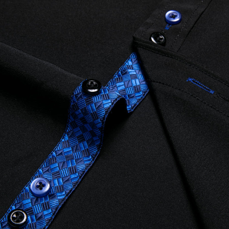 Black Blue Solid Plaid Splicing Silk Dress Shirt shirt    - Sophisticated Gentlemen