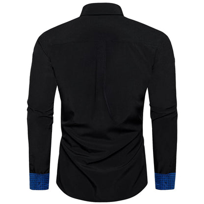 Black Blue Solid Plaid Splicing Silk Dress Shirt shirt    - Sophisticated Gentlemen