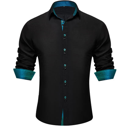 Black Green Solid Plaid Splicing Silk Dress Shirt shirt S   - Sophisticated Gentlemen