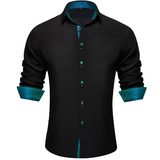 Black Green Solid Plaid Splicing Silk Dress Shirt shirt S   - Sophisticated Gentlemen