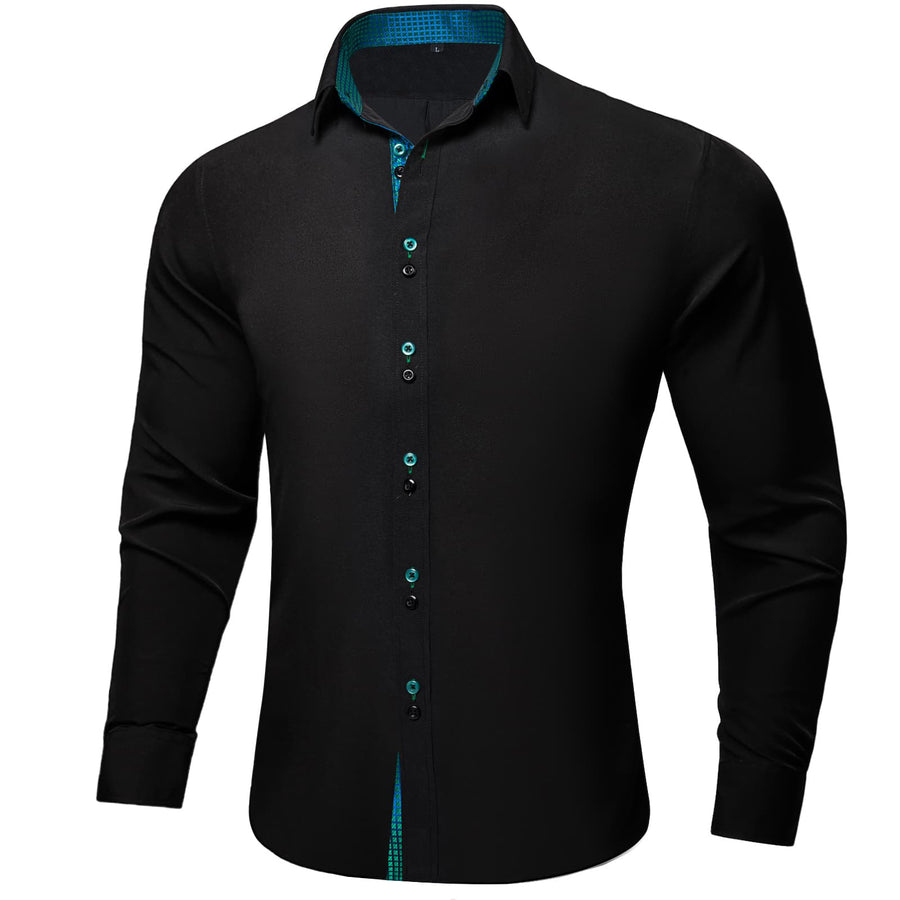 Black Green Solid Plaid Splicing Silk Dress Shirt shirt    - Sophisticated Gentlemen