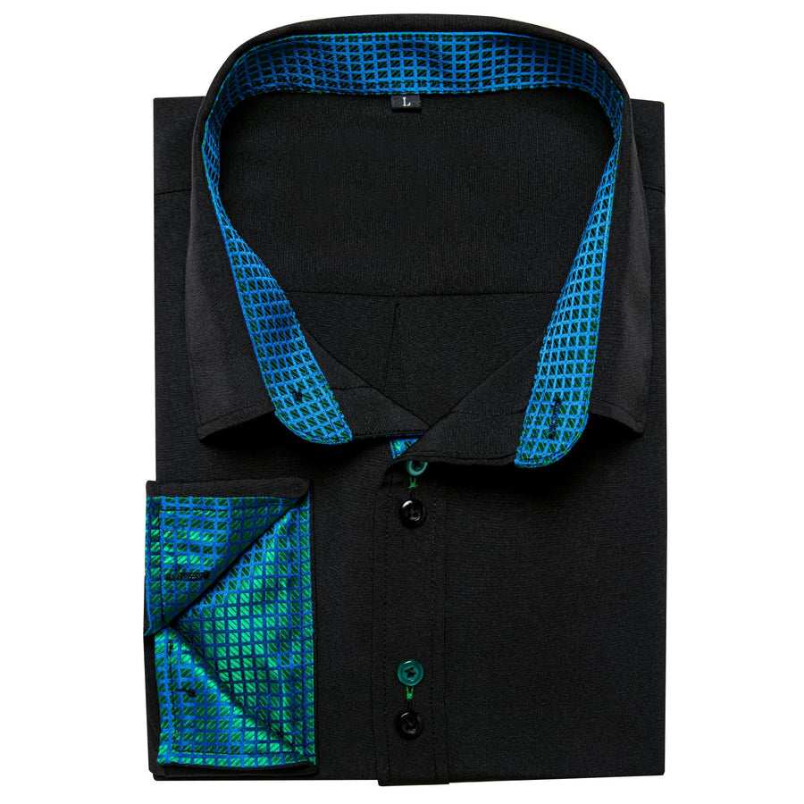 Black Green Solid Plaid Splicing Silk Dress Shirt shirt    - Sophisticated Gentlemen