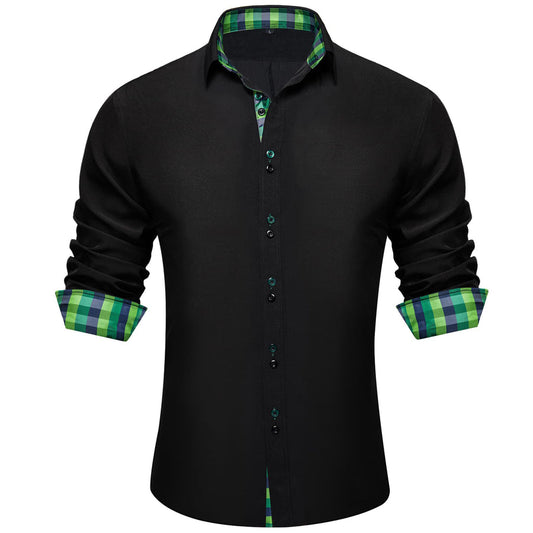 Black Green Blue Solid Plaid Splicing Silk Dress Shirt shirt S   - Sophisticated Gentlemen