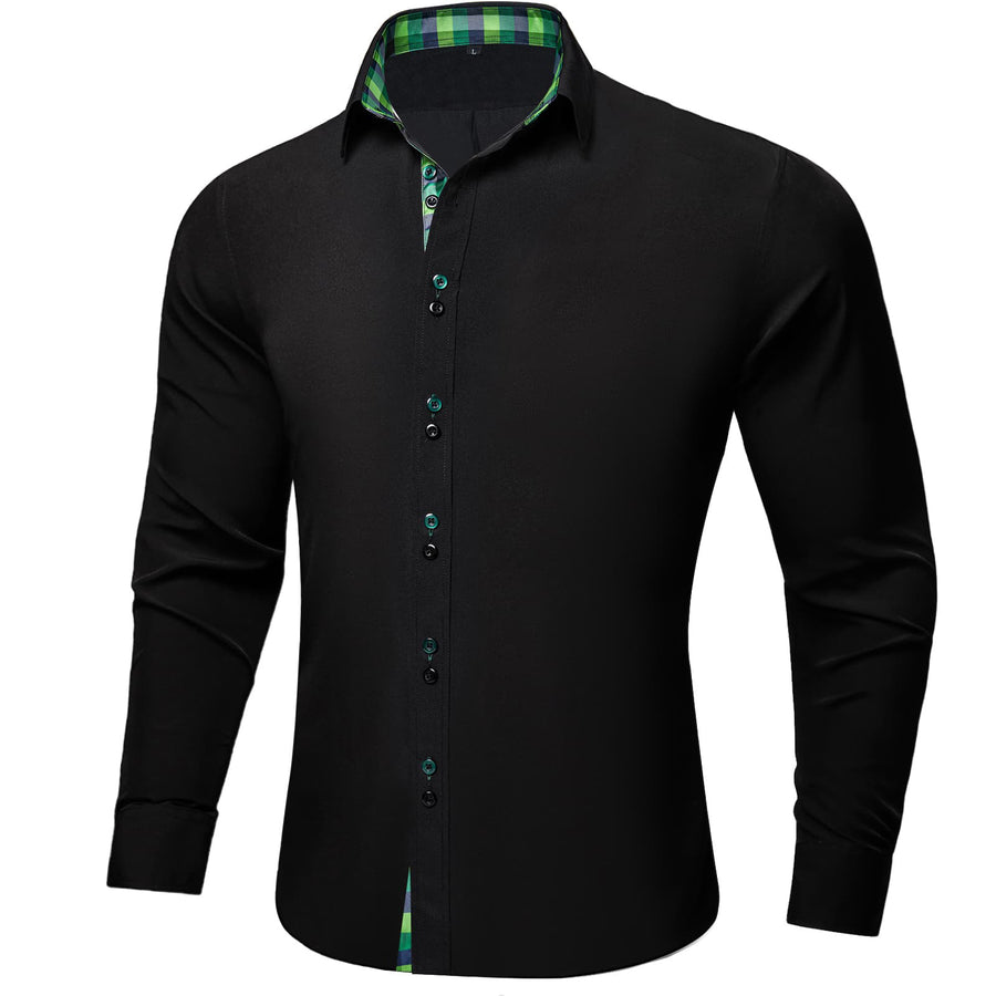 Black Green Blue Solid Plaid Splicing Silk Dress Shirt shirt    - Sophisticated Gentlemen