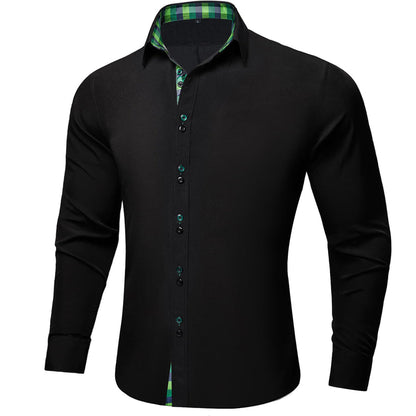 Black Green Blue Solid Plaid Splicing Silk Dress Shirt shirt    - Sophisticated Gentlemen