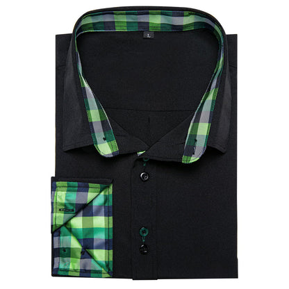 Black Green Blue Solid Plaid Splicing Silk Dress Shirt shirt    - Sophisticated Gentlemen