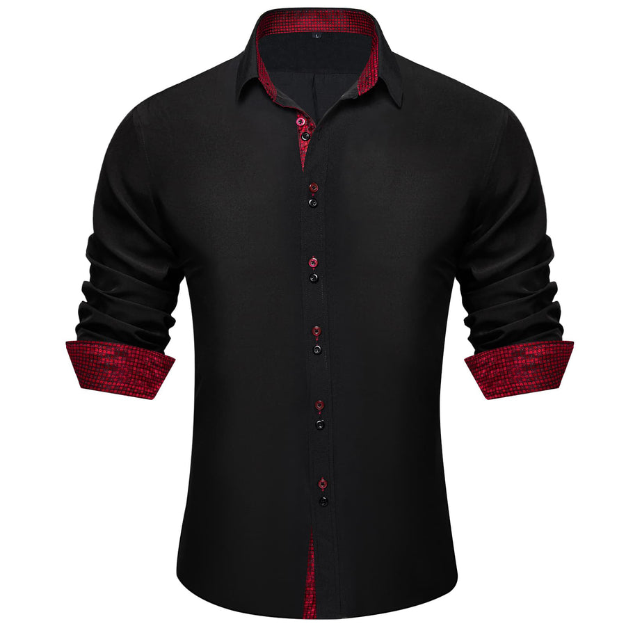 Black Red Solid Plaid Splicing Silk Dress Shirt shirt S   - Sophisticated Gentlemen