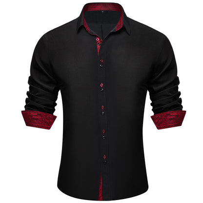 Black Red Solid Plaid Splicing Silk Dress Shirt shirt S   - Sophisticated Gentlemen