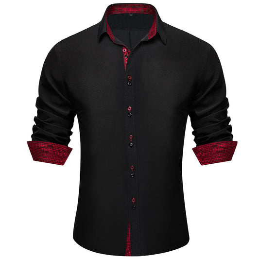 Black Red Solid Plaid Splicing Silk Dress Shirt shirt S   - Sophisticated Gentlemen