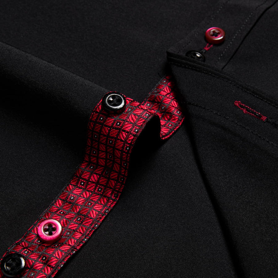 Black Red Solid Plaid Splicing Silk Dress Shirt shirt    - Sophisticated Gentlemen