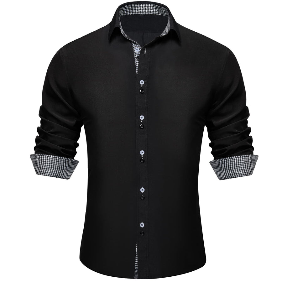 Black White Solid Plaid Splicing Dress Shirt shirt S   - Sophisticated Gentlemen