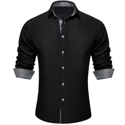 Black White Solid Plaid Splicing Dress Shirt shirt S   - Sophisticated Gentlemen