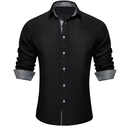 Black White Solid Plaid Splicing Dress Shirt shirt S   - Sophisticated Gentlemen