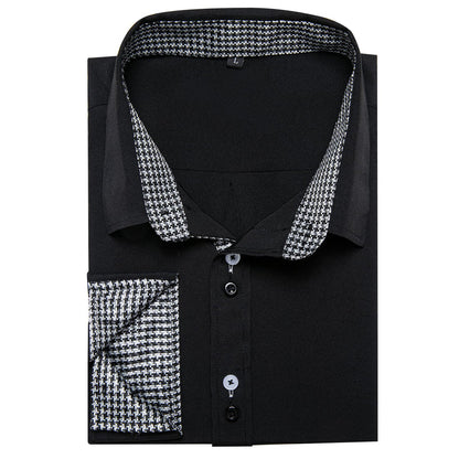 Black White Solid Plaid Splicing Dress Shirt shirt    - Sophisticated Gentlemen