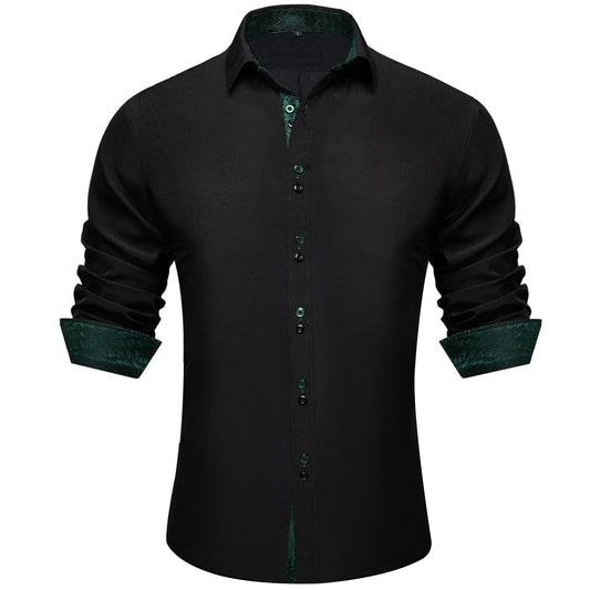 Black Green Solid Splicing Silk Dress Shirt shirt S   - Sophisticated Gentlemen