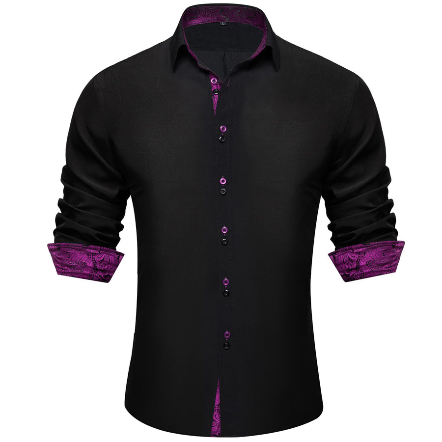 Black Purple Solid Splicing Silk Dress Shirt shirt S   - Sophisticated Gentlemen
