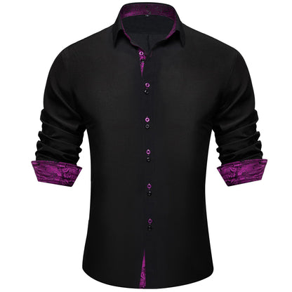 Black Purple Solid Splicing Silk Dress Shirt shirt S   - Sophisticated Gentlemen