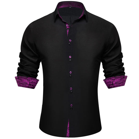 Black Purple Solid Splicing Silk Dress Shirt shirt S   - Sophisticated Gentlemen