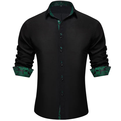 Black Green Solid Paisley Splicing Silk Dress Shirt shirt S   - Sophisticated Gentlemen