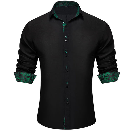 Black Green Solid Paisley Splicing Silk Dress Shirt shirt S   - Sophisticated Gentlemen