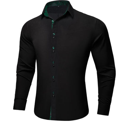 Black Green Solid Paisley Splicing Silk Dress Shirt shirt    - Sophisticated Gentlemen