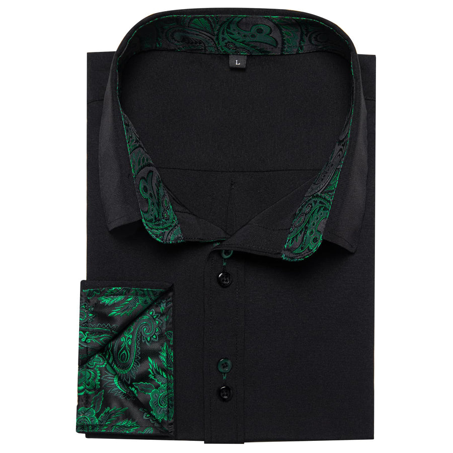 Black Green Solid Paisley Splicing Silk Dress Shirt shirt    - Sophisticated Gentlemen