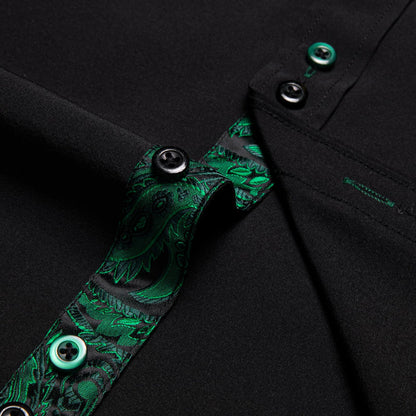 Black Green Solid Paisley Splicing Silk Dress Shirt shirt    - Sophisticated Gentlemen