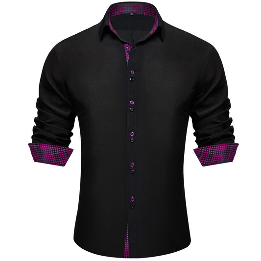 Black Purple Solid Plaid Splicing Silk Dress Shirt shirt S   - Sophisticated Gentlemen