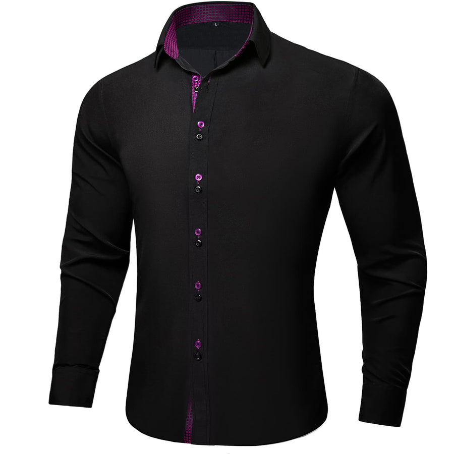 Black Purple Solid Plaid Splicing Silk Dress Shirt shirt    - Sophisticated Gentlemen