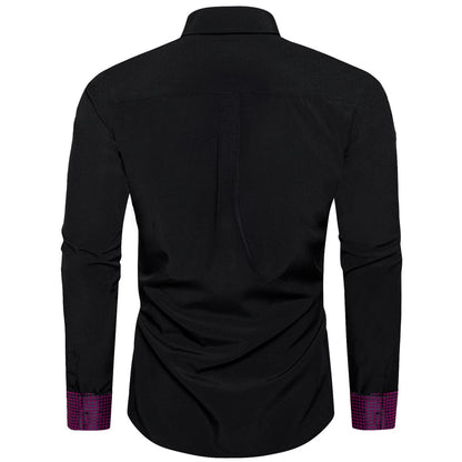Black Purple Solid Plaid Splicing Silk Dress Shirt shirt    - Sophisticated Gentlemen