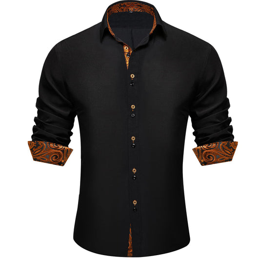 Black Orange Solid Splicing Silk Dress Shirt shirt S   - Sophisticated Gentlemen