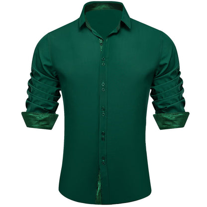 Sea Green Solid Splicing Silk Dress Shirt shirt S   - Sophisticated Gentlemen