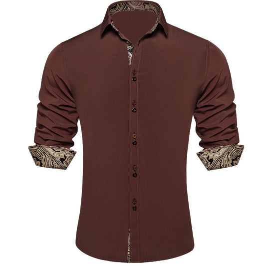 Brown Solid Splicing Silk Dress Shirt shirt S   - Sophisticated Gentlemen