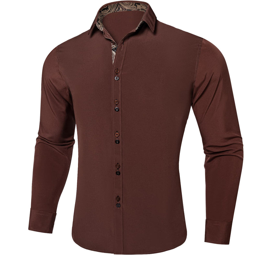 Brown Solid Splicing Silk Dress Shirt shirt    - Sophisticated Gentlemen