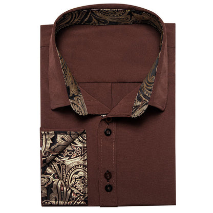Brown Solid Splicing Silk Dress Shirt shirt    - Sophisticated Gentlemen